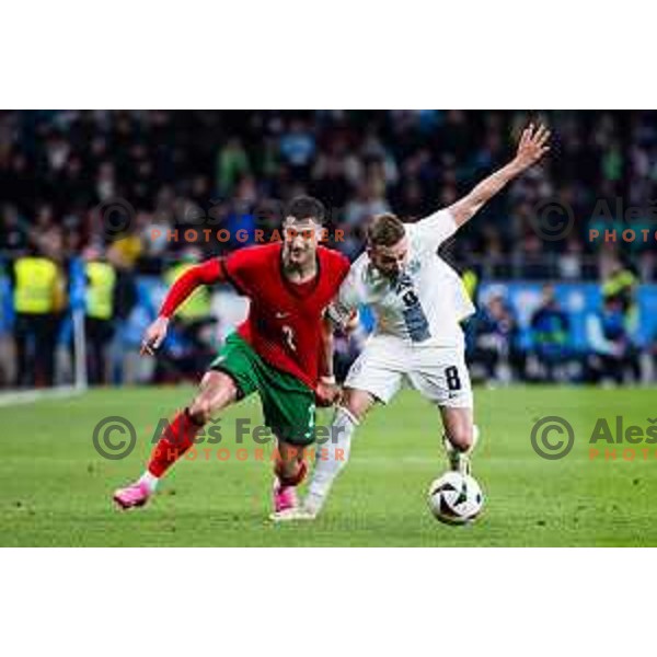 Diogo Dalot of Portugal vs Sandi Lovric of Slovenia in action during Friendly football match between Slovenia and Portugal in Stadium Stozice, Slovenia on March 26, 2024. Photo: Grega Valancic