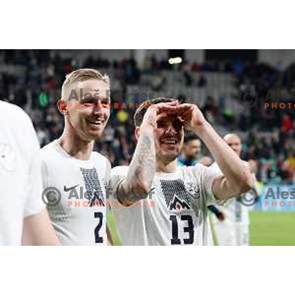 Erik Janza and Zan Karnicnik of Slovenia in action during a friendly football match between Slovenia and Portugal in Stadium Stozice, Slovenia on March 26, 2024