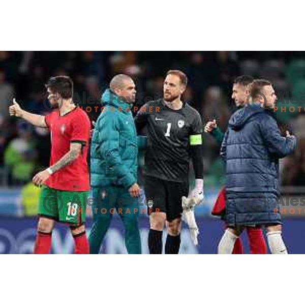 Pepe and Jan Oblak after a friendly football match between Slovenia and Portugal in Ljubljana, Slovenia on March 26, 2024