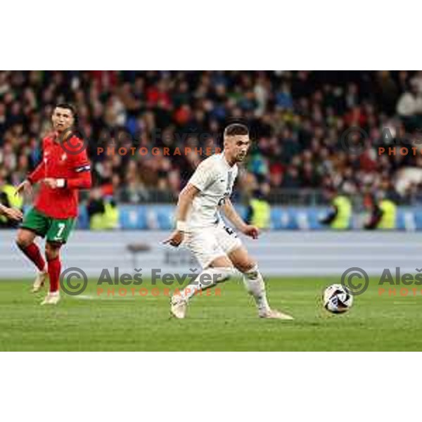 Adam Gnezda Cerin in action during a friendly football match between Slovenia and Portugal in Ljubljana, Slovenia on March 26, 2024