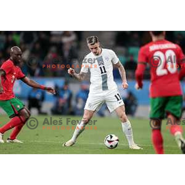 Benjamin Sesko of Slovenia in action during a friendly football match between Slovenia and Portugal in Stadium Stozice, Slovenia on March 26, 2024