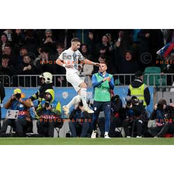 Adam Gnezda Cerin and players of Slovenia celebrate goal during a friendly football match between Slovenia and Portugal in Stadium Stozice, Slovenia on March 26, 2024