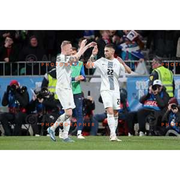 Adam Gnezda Cerin and players of Slovenia celebrate goal during a friendly football match between Slovenia and Portugal in Stadium Stozice, Slovenia on March 26, 2024