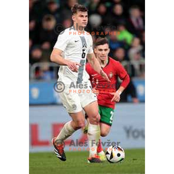 Jaka Bijol in action during a friendly football match between Slovenia and Portugal in Ljubljana, Slovenia on March 26, 2024