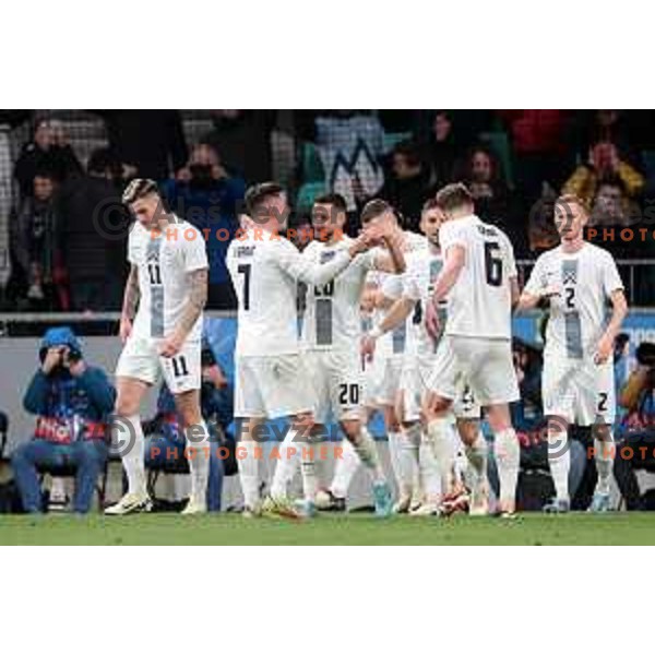Timi Max Elsnik and players of Slovenia celebrate goal during a friendly football match between Slovenia and Portugal in Stadium Stozice, Slovenia on March 26, 2024
