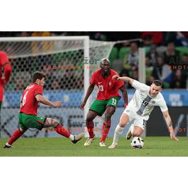Zan Celar in action during a friendly football match between Slovenia and Portugal in Ljubljana, Slovenia on March 26, 2024