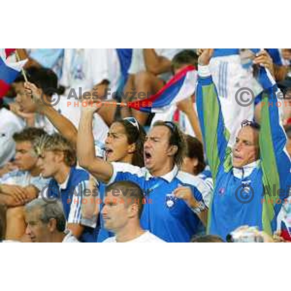 Swimmers of Slovenia cheering at Athens 2004 Summer Olympic games in Athens, Greece on August 18, 2004