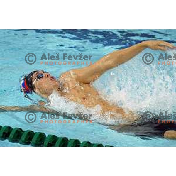Blaz Medvesek of Slovenia swims at 200 meters backstroke at Athens 2004 Summer Olympic games on August 18, 2004