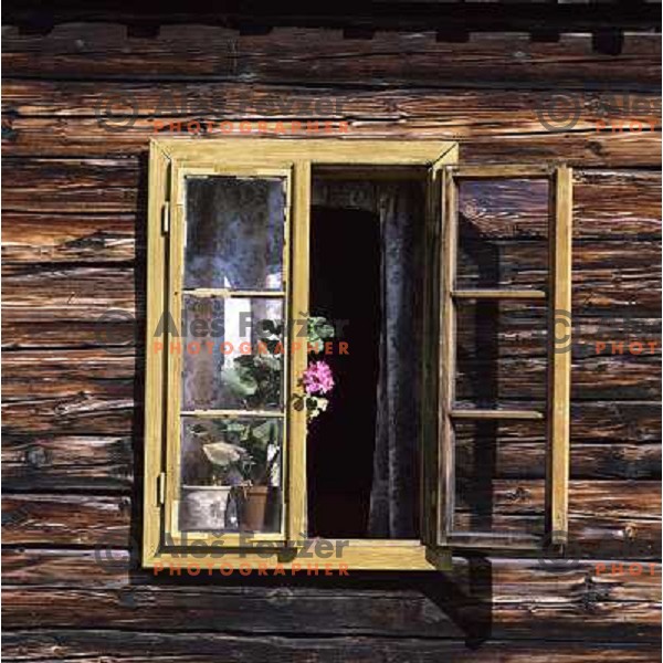 Window of traditional slovenian mountain cottage