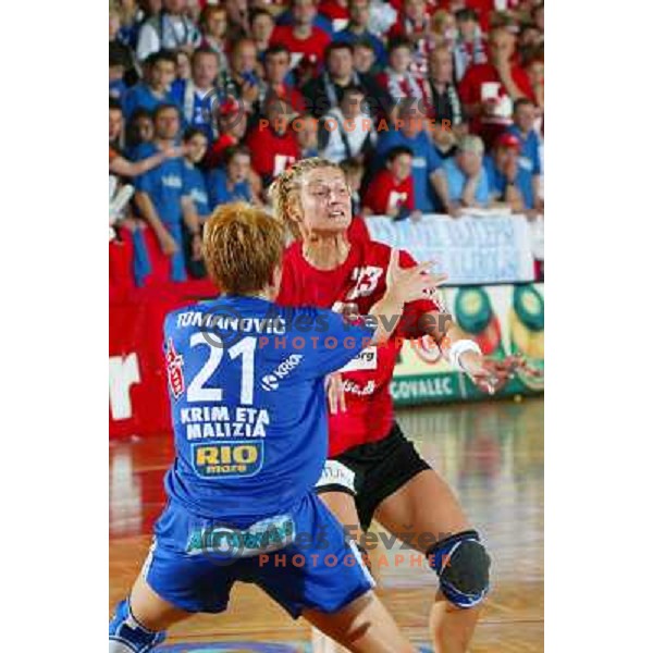 Tanja Tomanovic , Anja Freser in action during handball match Krim Eta Malizia- Slagelse FH in Final of EHF Championsleague, played at Kodeljevo Hall, Ljubljana, Slovenia 22.5.2004. Slagelse FH won 36-32 and became a Champion 