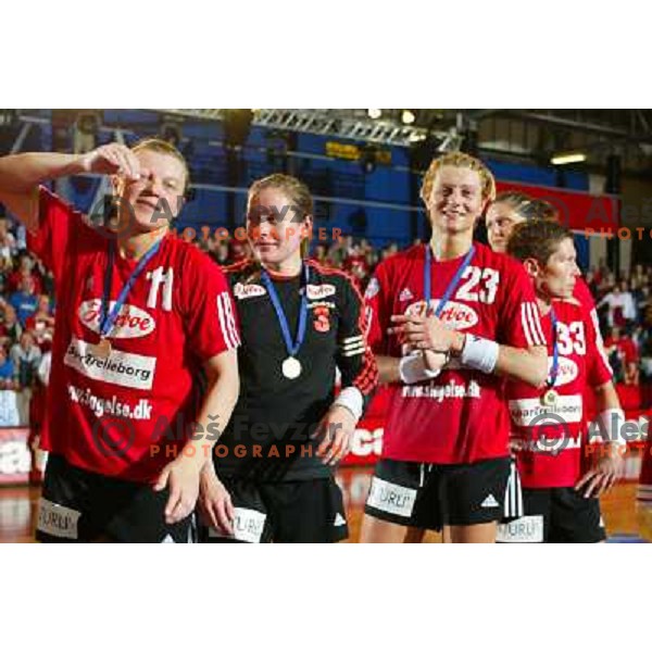 Anja Freser and Slagelse players celebrate victory at handball match Krim Eta Malizia- Slagelse FH in Final of EHF Championsleague, played at Kodeljevo Hall, Ljubljana, Slovenia 22.5.2004. Slagelse FH won 36-32 and became a Champion 