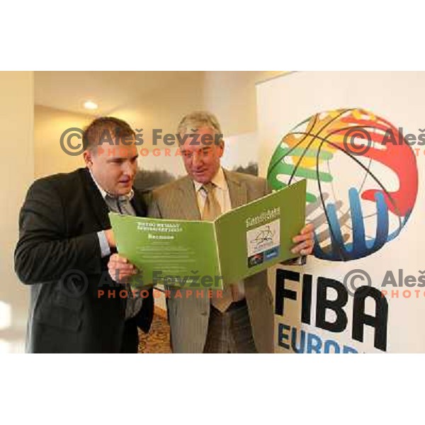 Matej Avanzo and Iztok Rems from Slovenian delegation in final preparation before meeting with FIBA Europe in Marriott hotel in Munchen, Germany on December 4, 2010 