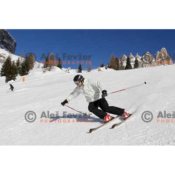 Skiing at Passo Campolongo between Arabba and Corvara in Italian Dolomites, during Dolomiti SuperSki Premiere on December 12, 2010 