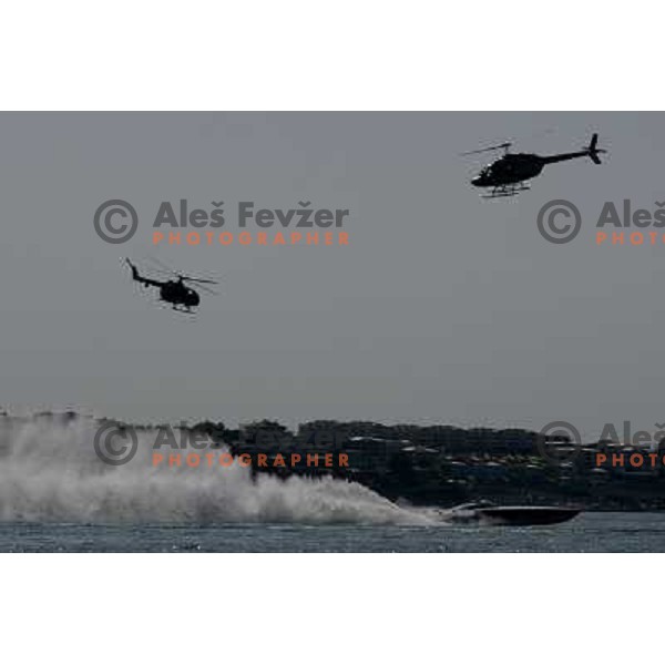 Two helicopters chasing down team Qatar 95 in bay of Piran at Slovenian coast