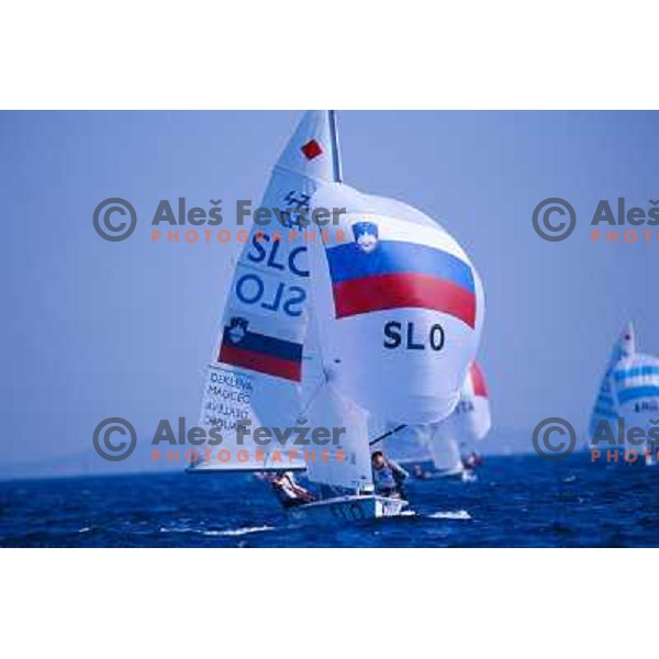 Vensa Dekleva and Klara Maucec of Slovenia 470 sailing team in action at Summer Olympic games in Athens, Greece during August 2004. 