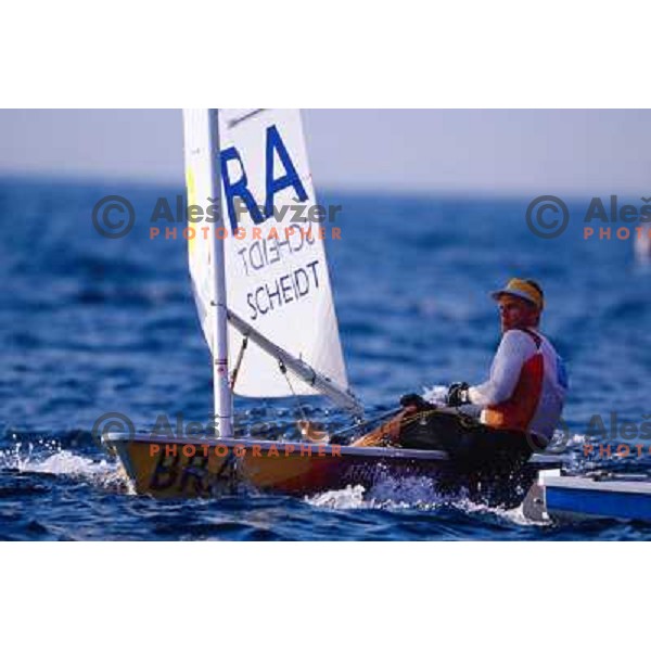 Robert Scheidt of Brasil in action at Summer Olympic games in Athens, Greece during August 2004. He won gold Olympic medal in laser class in Sailing competition. 