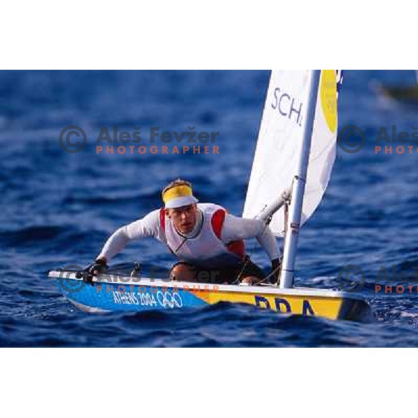 Robert Scheidt of Brasil in action at Summer Olympic games in Athens, Greece during August 2004. He won gold Olympic medal in laser class in Sailing competition. 