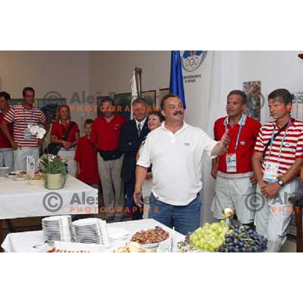 Tomo Levovnik, Damjan Pintar, Tone jagodic at Summer Olympic Games in Athens, Greece , August 2004 during reception for sponsors and press in Slovenia house 