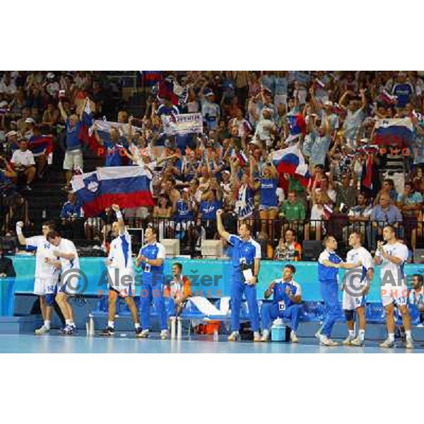 Fans of Slovenia in action during Handball tournament at Summer Olympic Games Athens 2004, Greece. Slovenia played with Russia on August 13, 2004 