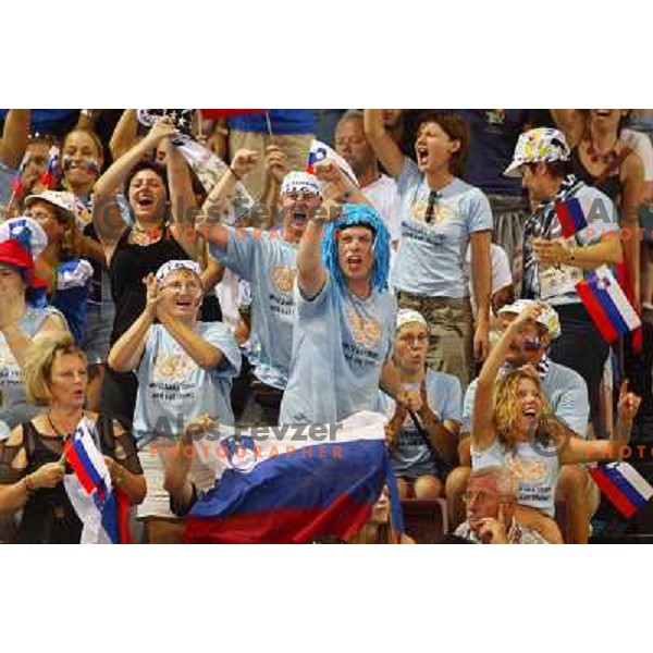 Fans of Slovenia in action during Handball tournament at Summer Olympic Games Athens 2004, Greece. Slovenia played with Russia on August 13, 2004 