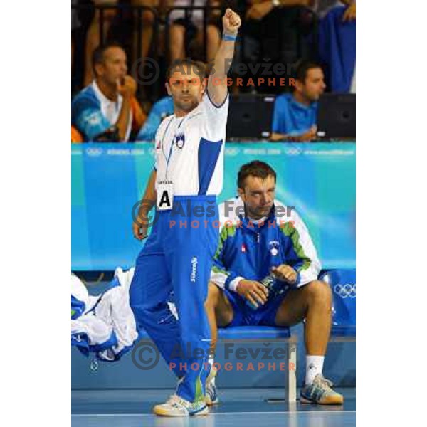 Tone Tiselj, coach of Slovenia in action during Handball tournament at Summer Olympic Games Athens 2004, Greece. Slovenia played with Croatia on August 15, 2004 