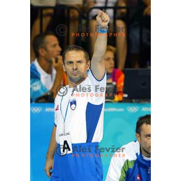 Tone Tiselj, coach of Slovenia in action during Handball tournament at Summer Olympic Games Athens 2004, Greece. Slovenia played with Croatia on August 15, 2004 