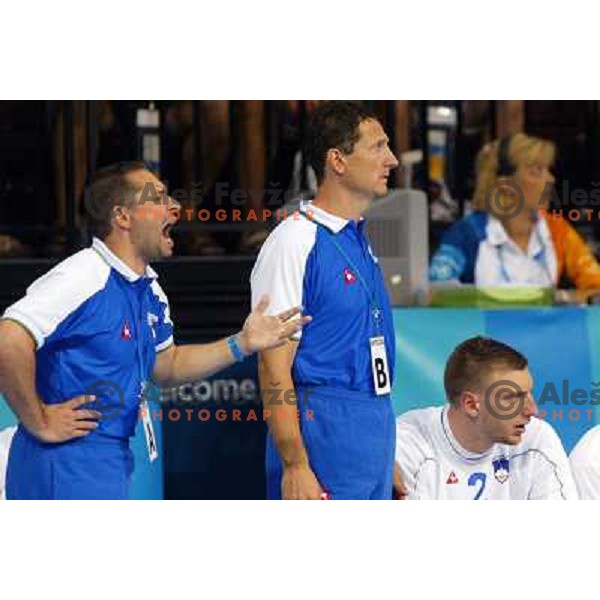 Marko Sibila, Tone Tiselj, coach of Slovenia in action during Handball tournament at Summer Olympic Games Athens 2004, Greece. Slovenia played with Iceland on August 18, 2004 