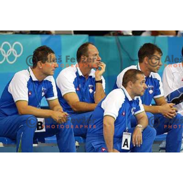 Marko Sibila, Tone Tiselj, coach of Slovenia in action during Handball tournament at Summer Olympic Games Athens 2004, Greece. Slovenia played with Iceland on August 18, 2004 