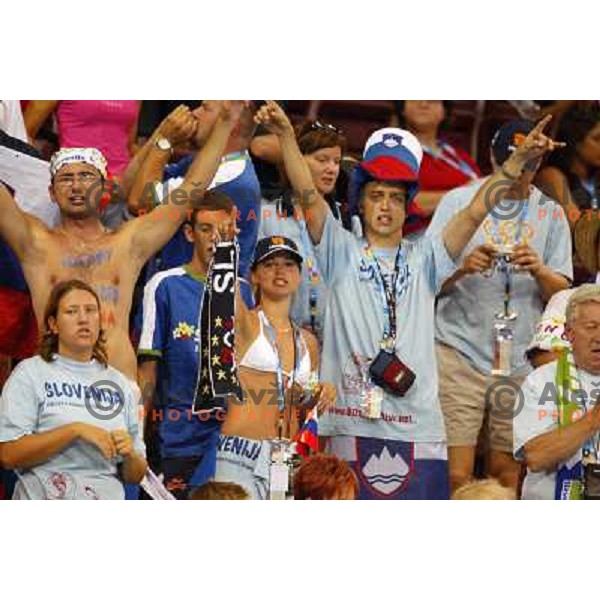 Fans of Slovenia in action during Handball tournament at Summer Olympic Games Athens 2004, Greece. Slovenia played with Iceland on August 18, 2004 
