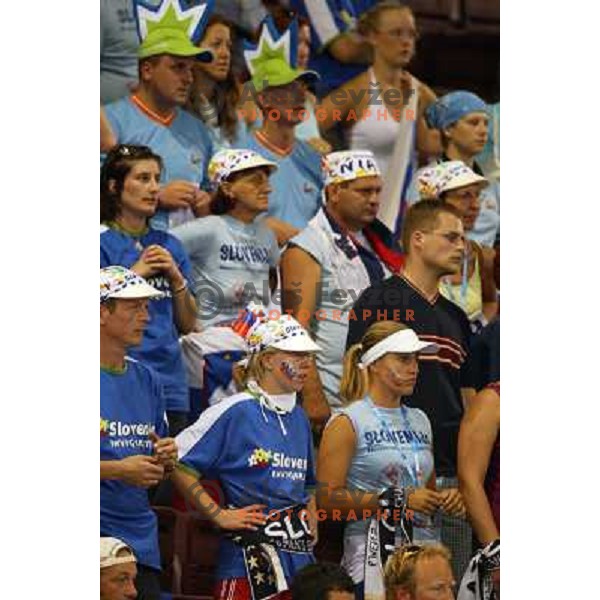 Fans of Slovenia in action during Handball tournament at Summer Olympic Games Athens 2004, Greece. Slovenia played with Iceland on August 18, 2004 