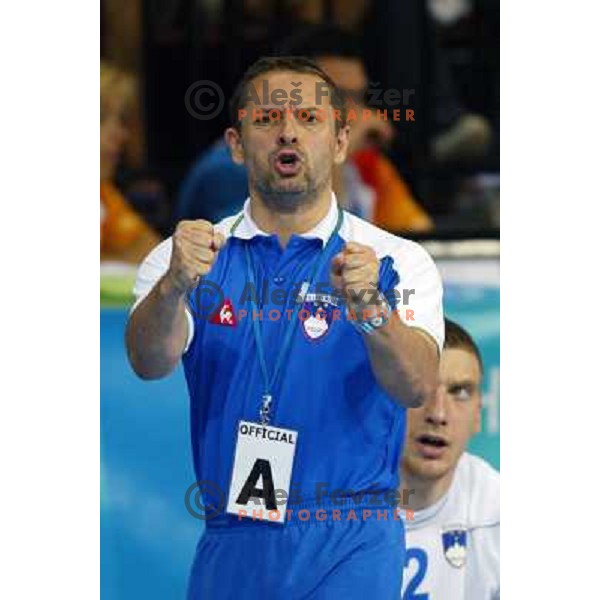 Tone Tiselj, coach of Slovenia in action during Handball tournament at Summer Olympic Games Athens 2004, Greece. Slovenia played with Iceland on August 18, 2004 
