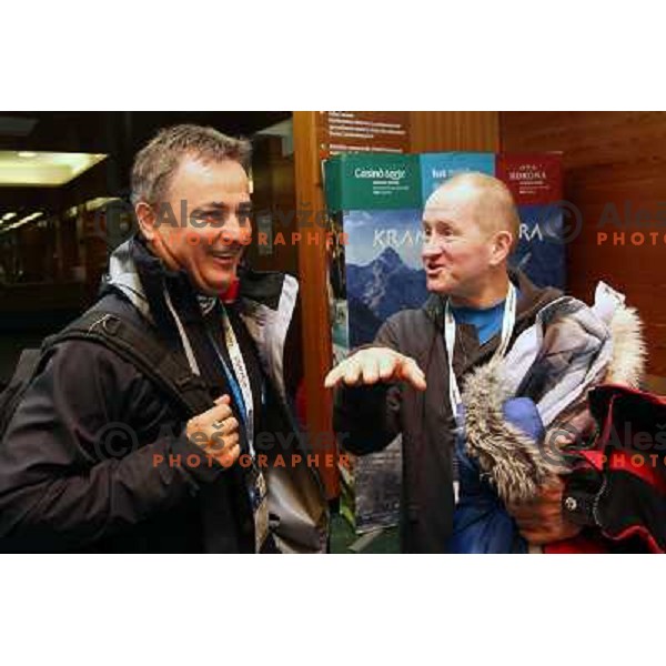 Primoz Ulaga and Eddie "the Eagle" Edwards, british ski jumper who competed at 1988 Winter Olympic games visited with his family FIS World Cup Ski Jumping Final in Planica, Slovenia on March 20, 2011 