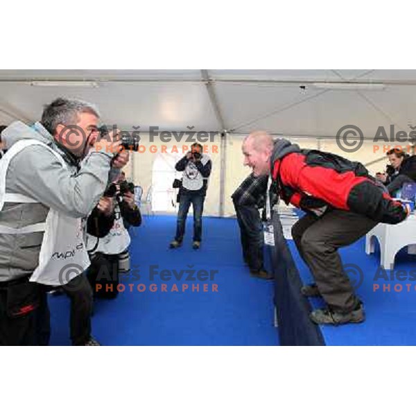 Photographers in the press centre taking shots of Eddie "the Eagle" Edwards, british ski jumper who competed at 1988 Winter Olympic games visited with his family FIS World Cup Ski Jumping Final in Planica, Slovenia on March 20, 2011 