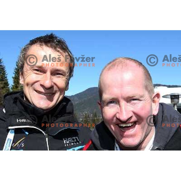 Miran Tepes and Eddie "the Eagle" Edwards, british ski jumper who competed at 1988 Winter Olympic games visited with his family FIS World Cup Ski Jumping Final in Planica, Slovenia on March 20, 2011 