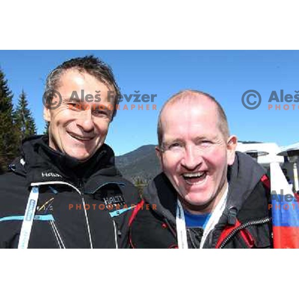 Miran Tepes and Eddie "the Eagle" Edwards, british ski jumper who competed at 1988 Winter Olympic games visited with his family FIS World Cup Ski Jumping Final in Planica, Slovenia on March 20, 2011 