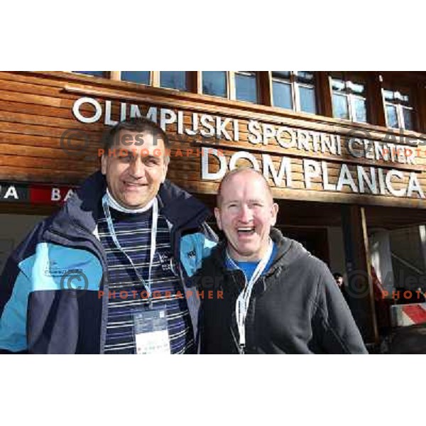 Jure Zerjav, mayor of Kranjska Gora and Eddie "the Eagle" Edwards, british ski jumper who competed at 1988 Winter Olympic games during FIS World Cup Ski Jumping Final in Planica, Slovenia on March 20, 2011 
