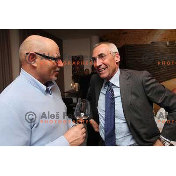 Stanko Radikon, winemaker from Oslavia and Edoardo Edy Reja, football coach from Italian Seria A during afterparty after UEFA Euro 2012 Qualifiers match Slovenia- Italy. Host of event was E-vino bar in Ljubljana, Slovenia on March 25, 2011 