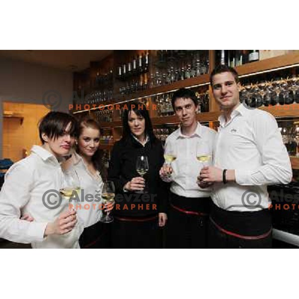 Staff of E-vino bar during afterparty after UEFA Euro 2012 Qualifiers match Slovenia- Italy. Host of event was E-vino bar in Ljubljana, Slovenia on March 25, 2011 